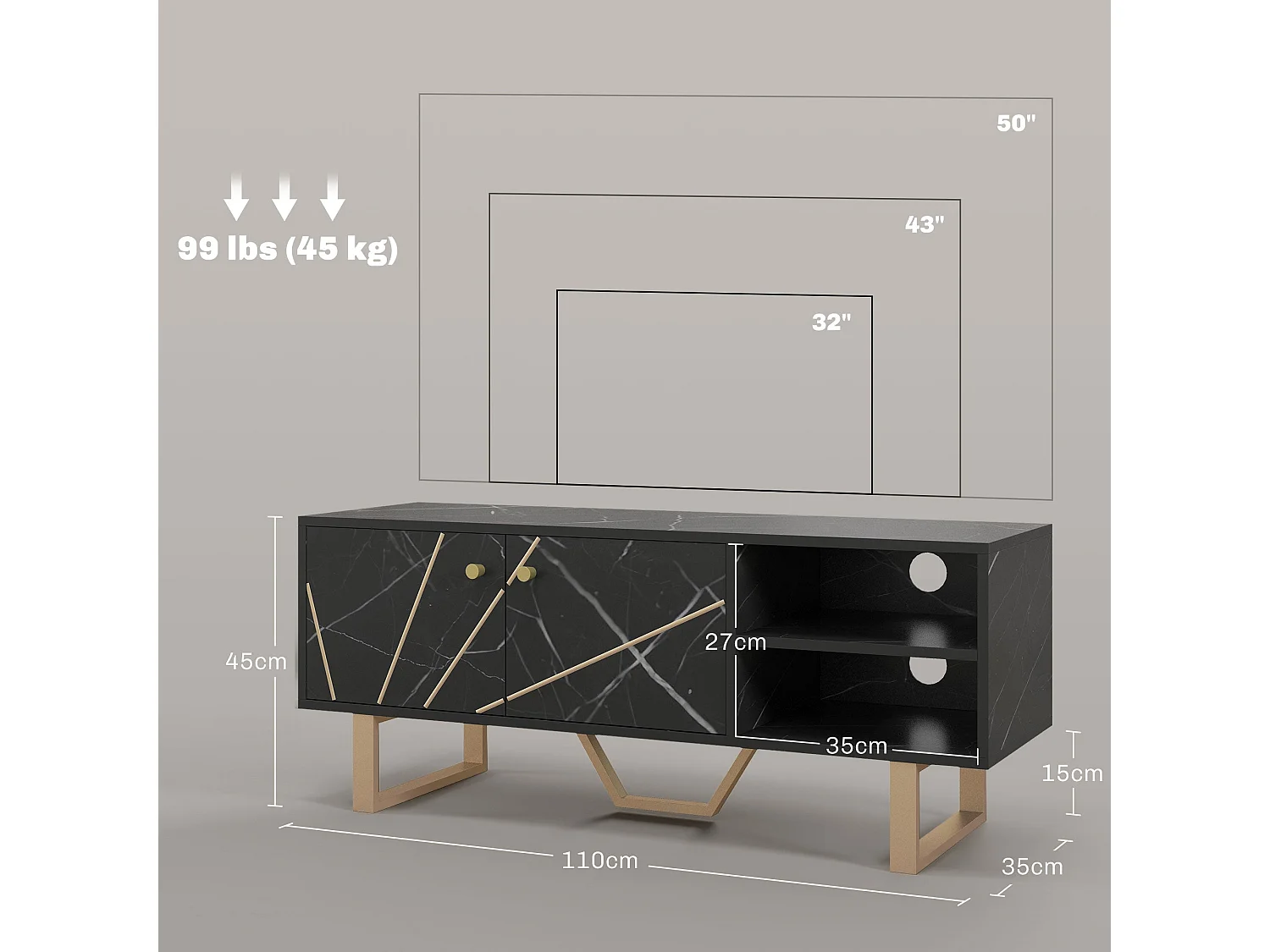 Mueble de TV Pangio Homcom 2 puertas + 2 compartimentos negro 45x110x35 cm