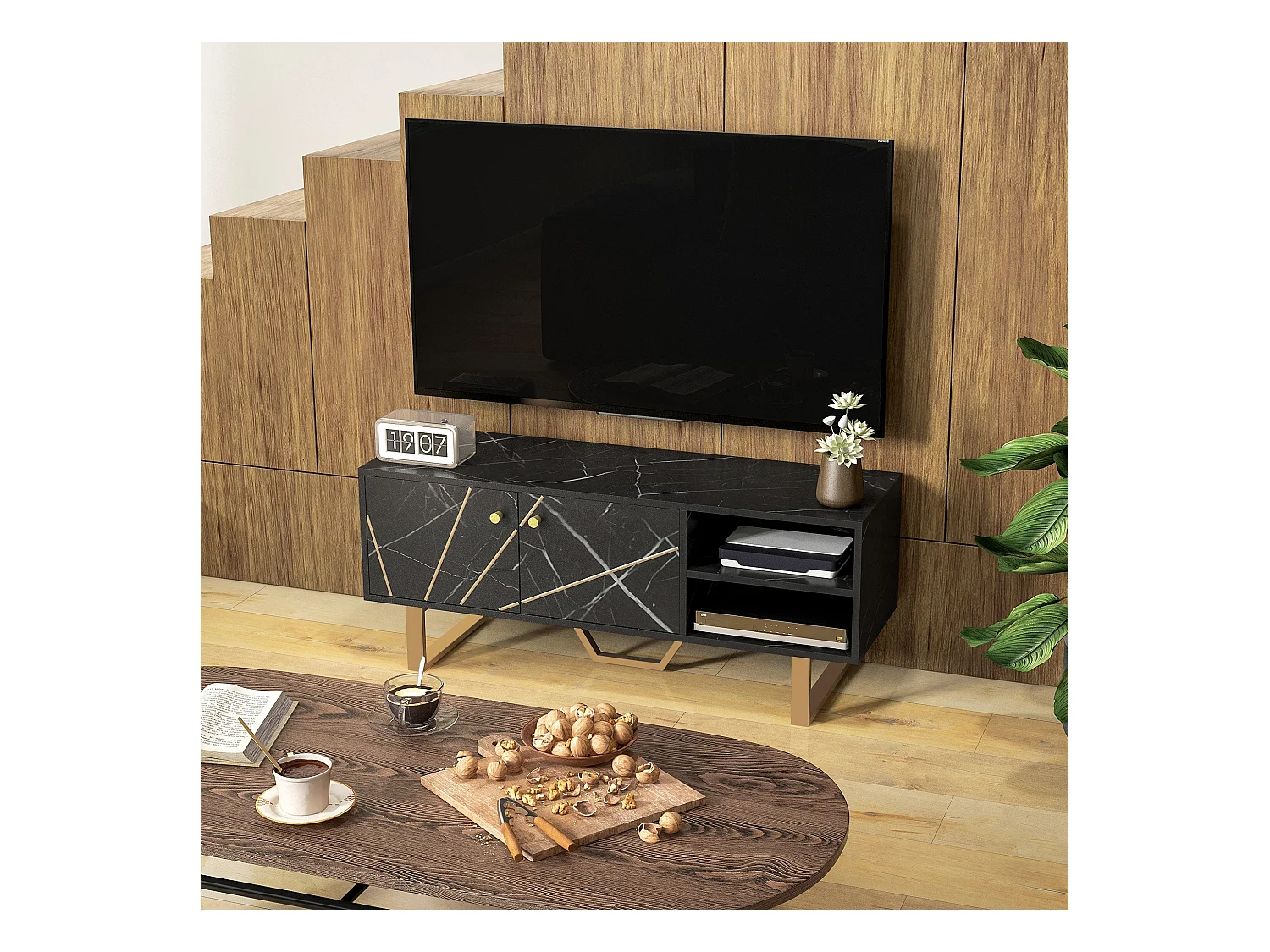 Mueble de TV Pangio Homcom 2 puertas + 2 compartimentos negro 45x110x35 cm