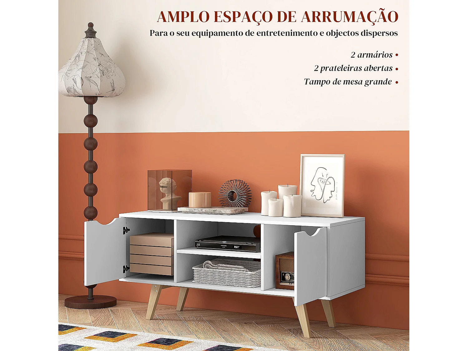 Móvel de TV Moderno HOMCOM para TVs de até 50" com Armários e Prateleiras em Branco e Madeira