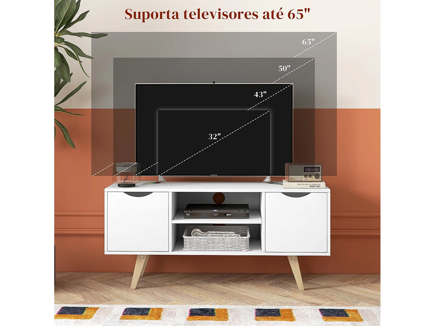 Móvel de TV Moderno HOMCOM para TVs de até 50" com Armários e Prateleiras em Branco e Madeira