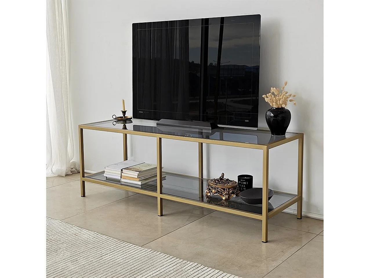Elegante mueble de TV con estructura de metal y cristal 100% templado, color gris oscuro y dorado, 130 x 45 x 40 cm | Diseño moderno, desmontable para fácil montaje