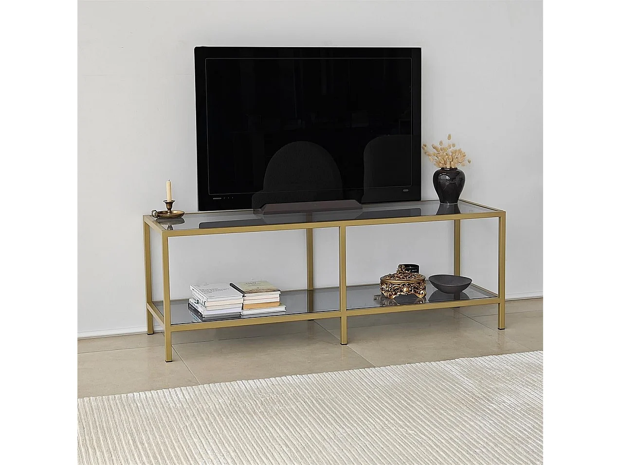Elegante mueble de TV con estructura de metal y cristal 100% templado, color gris oscuro y dorado, 130 x 45 x 40 cm | Diseño moderno, desmontable para fácil montaje