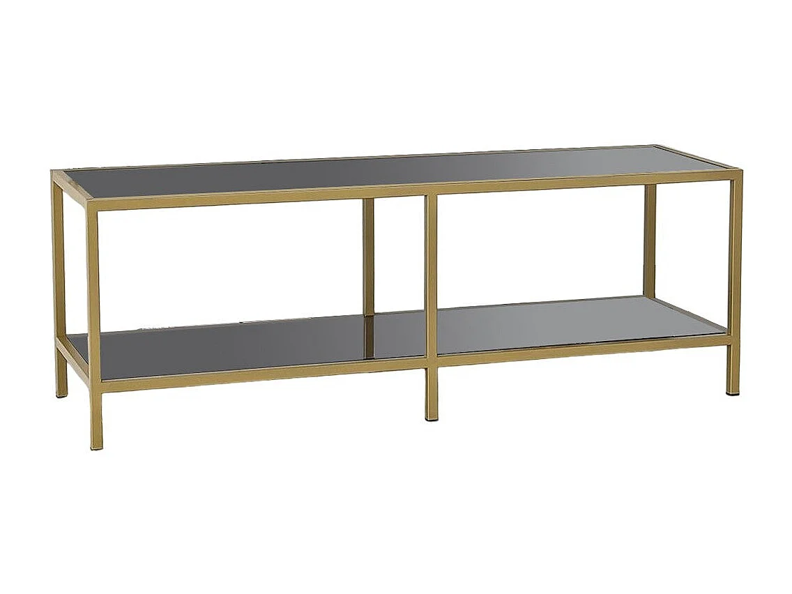 Elegante mueble de TV con estructura de metal y cristal 100% templado, color gris oscuro y dorado, 130 x 45 x 40 cm | Diseño moderno, desmontable para fácil montaje