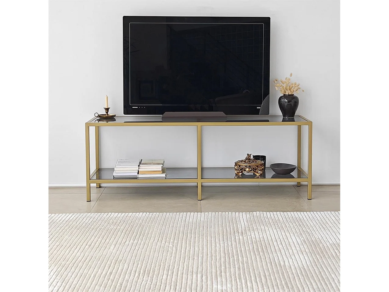 Elegante mueble de TV con estructura de metal y cristal 100% templado, color gris oscuro y dorado, 130 x 45 x 40 cm | Diseño moderno, desmontable para fácil montaje