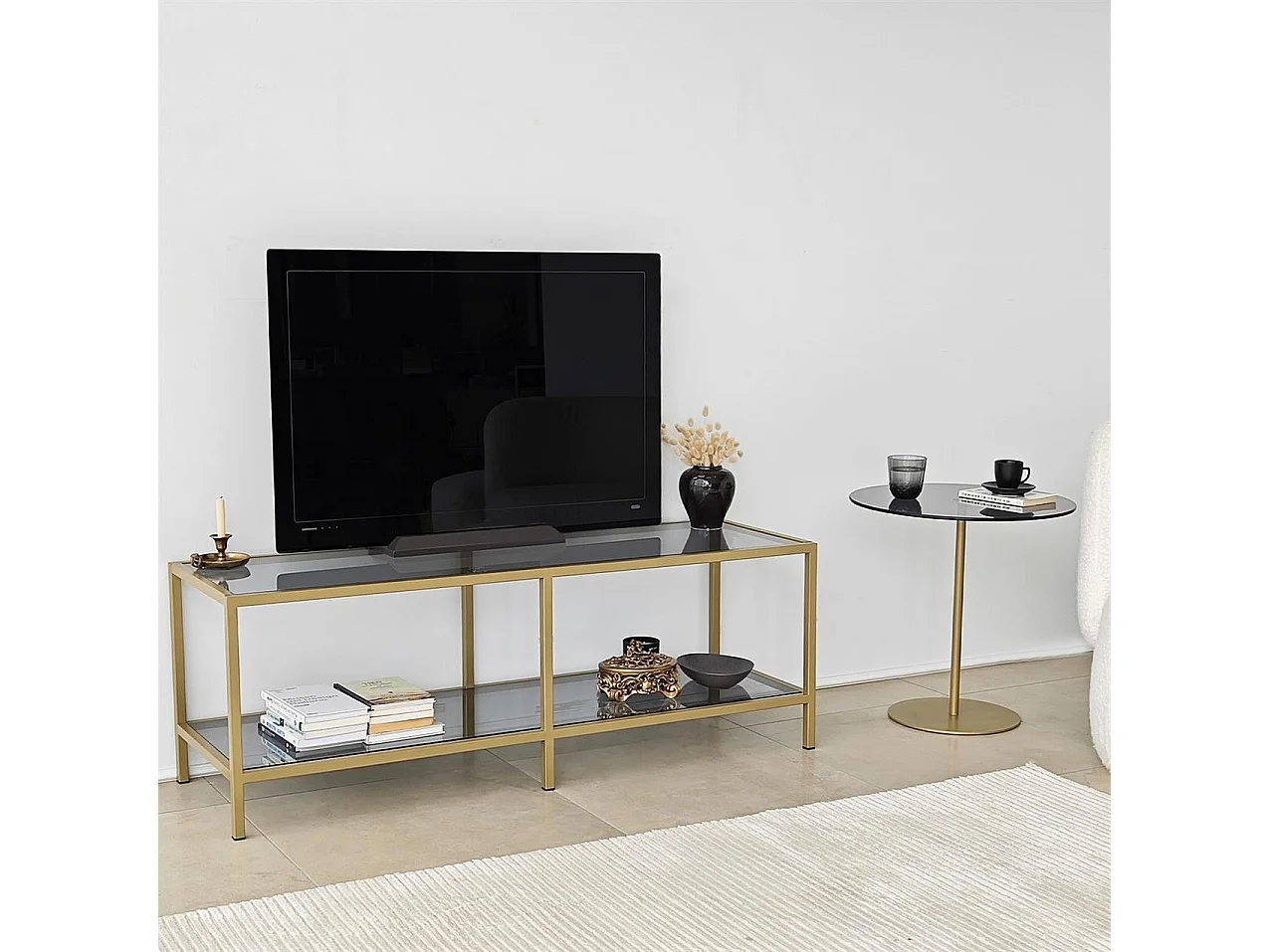 Elegante mueble de TV con estructura de metal y cristal 100% templado, color gris oscuro y dorado, 130 x 45 x 40 cm | Diseño moderno, desmontable para fácil montaje