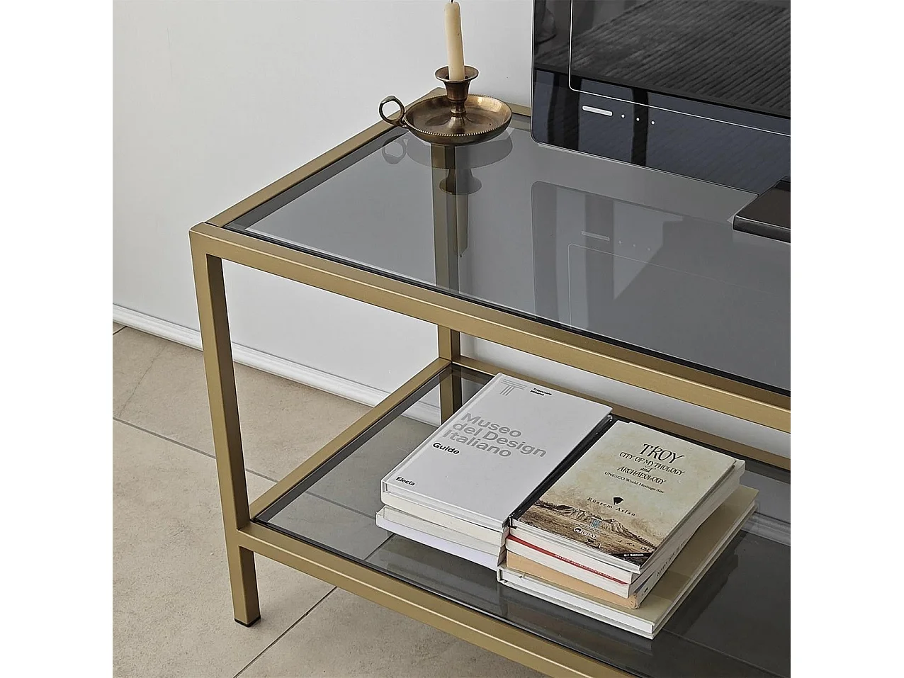 Elegante mueble de TV con estructura de metal y cristal 100% templado, color gris oscuro y dorado, 130 x 45 x 40 cm | Diseño moderno, desmontable para fácil montaje
