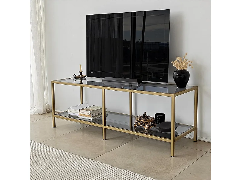 Elegante mueble de TV con estructura de metal y cristal 100% templado, color gris oscuro y dorado, 130 x 45 x 40 cm | Diseño moderno, desmontable para fácil montaje