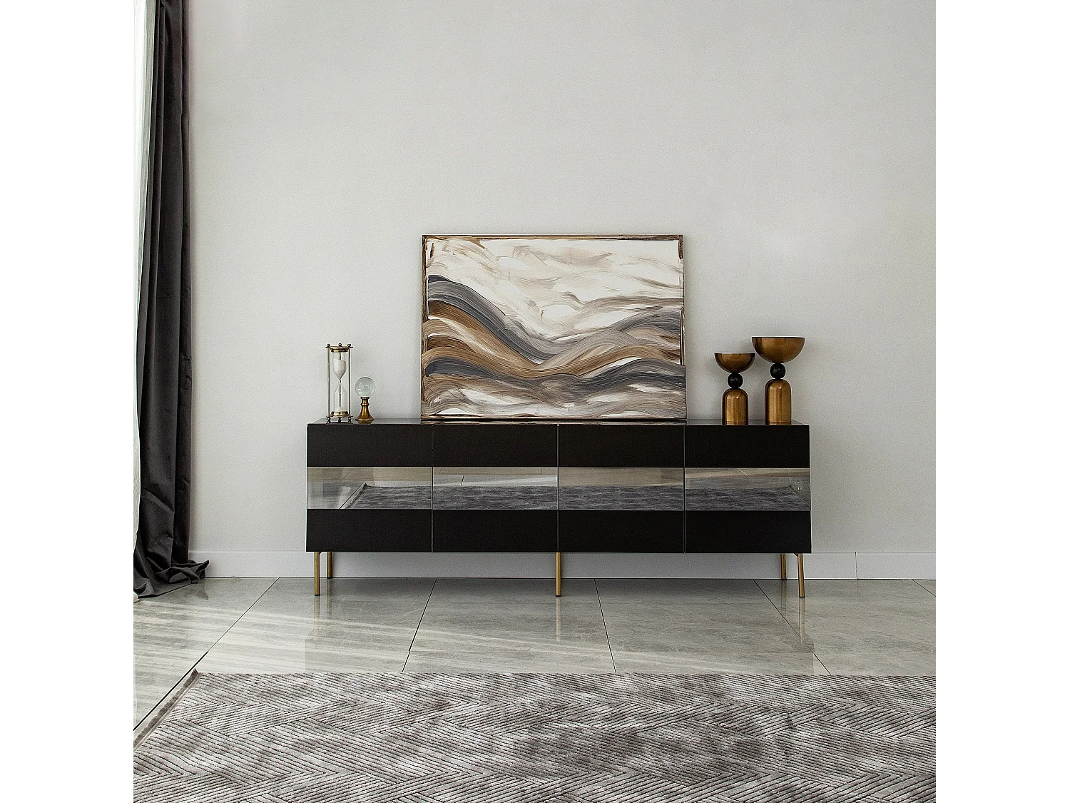 Meuble TV élégant doré et fumé, 180 x 59 x 35 cm | Panneau de particules 100 % mélaminé, épaisseur 18 mm | Élégant et fonctionnel pour un salon moderne