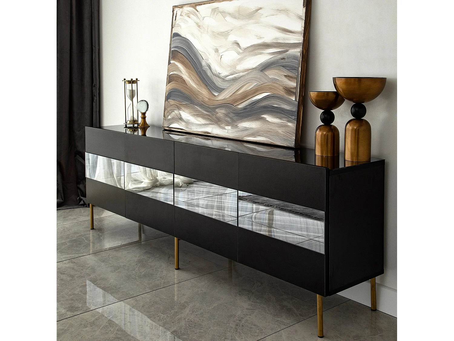 Meuble TV élégant doré et fumé, 180 x 59 x 35 cm | Panneau de particules 100 % mélaminé, épaisseur 18 mm | Élégant et fonctionnel pour un salon moderne