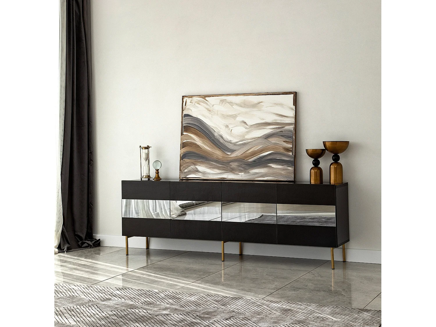 Meuble TV élégant doré et fumé, 180 x 59 x 35 cm | Panneau de particules 100 % mélaminé, épaisseur 18 mm | Élégant et fonctionnel pour un salon moderne