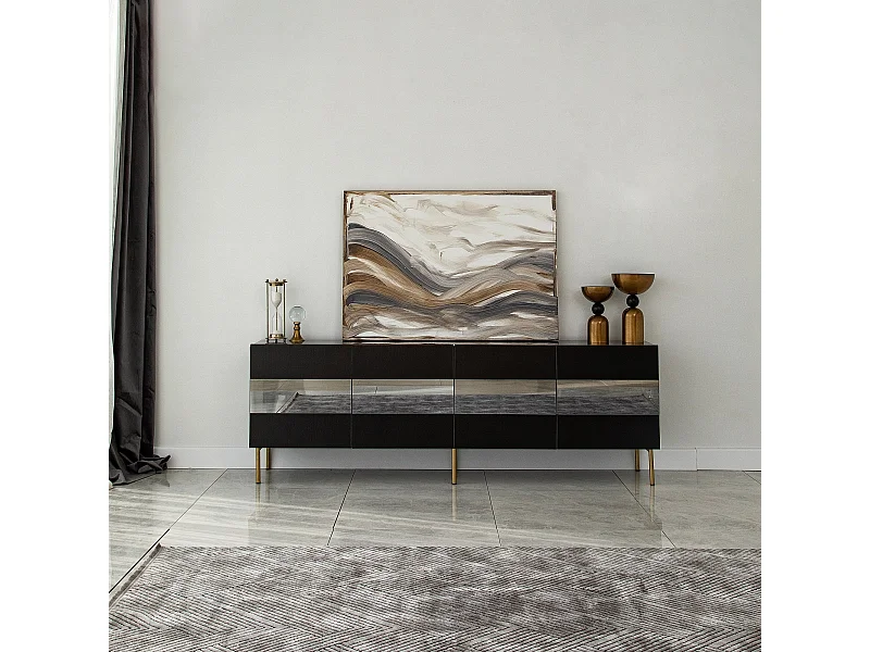 Elegante tv-standaard in goud en rookkleur, 180 x 59 x 35 cm | 100% melamine gecoate spaanplaat, 18 mm dik | Stijlvol en functioneel voor moderne woonkamers