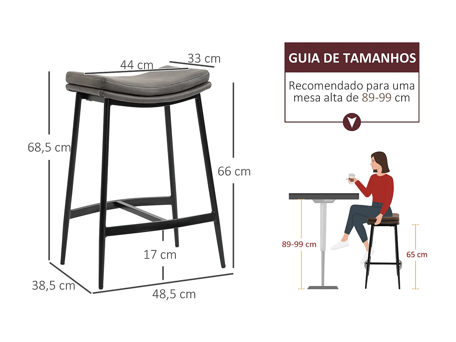 Pack de 2 taburetes Milo Homcom asiento curvo + patas de acero gris 68,5x48,5x38,5 cm