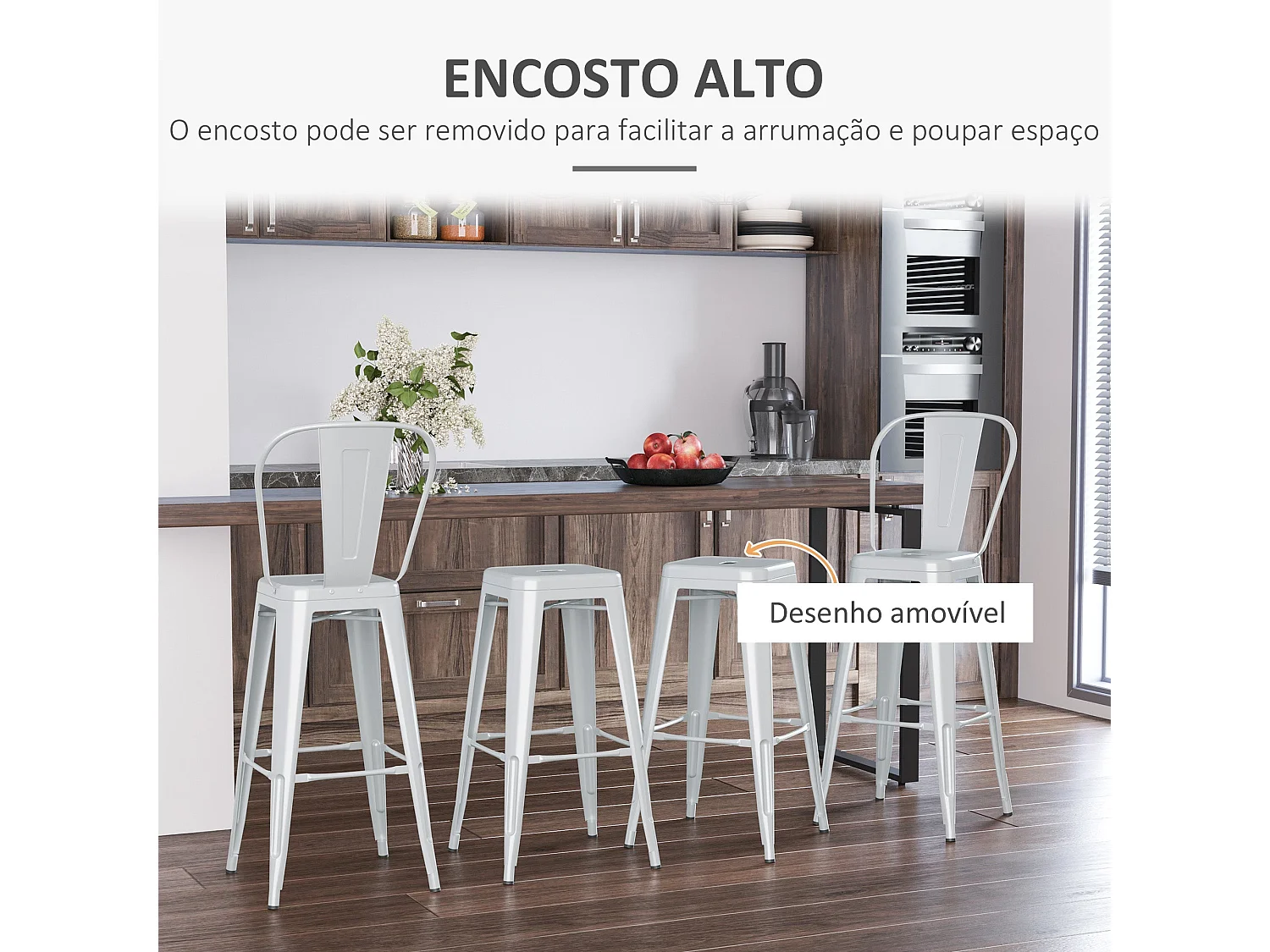 Conjunto de 4 Bancos Altos de Metal HOMCOM para Cozinha e Bar - Cinza, Estilo Industrial, Carga 120kg
