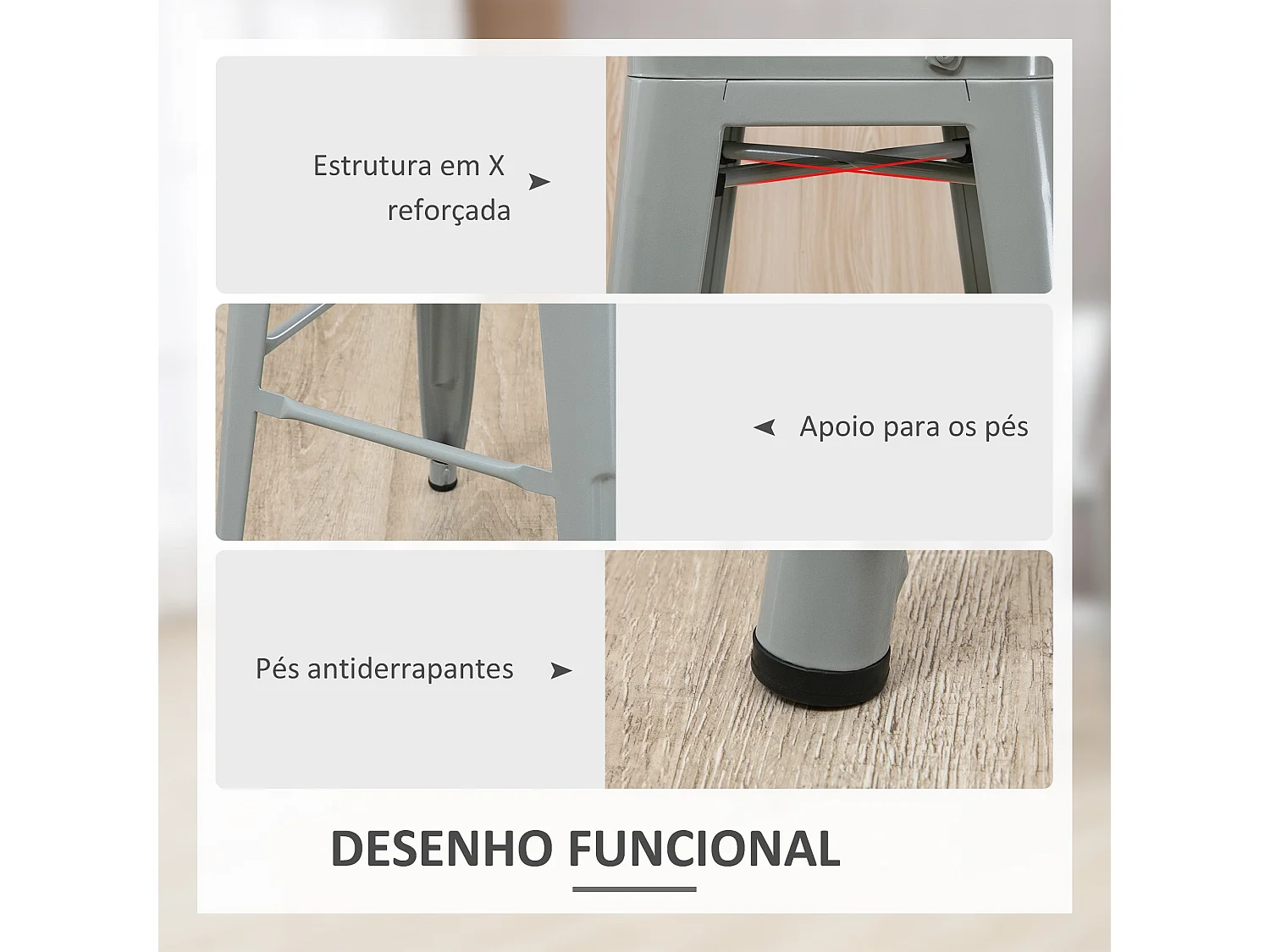 Conjunto de 4 Bancos Altos de Metal HOMCOM para Cozinha e Bar - Cinza, Estilo Industrial, Carga 120kg