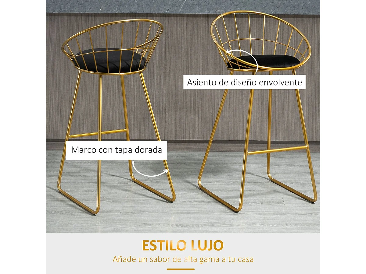 HOMCOM Conjunto de 2 Bancos Altos de Cozinha Dourados com Assento Aveludado para Sala de Jantar