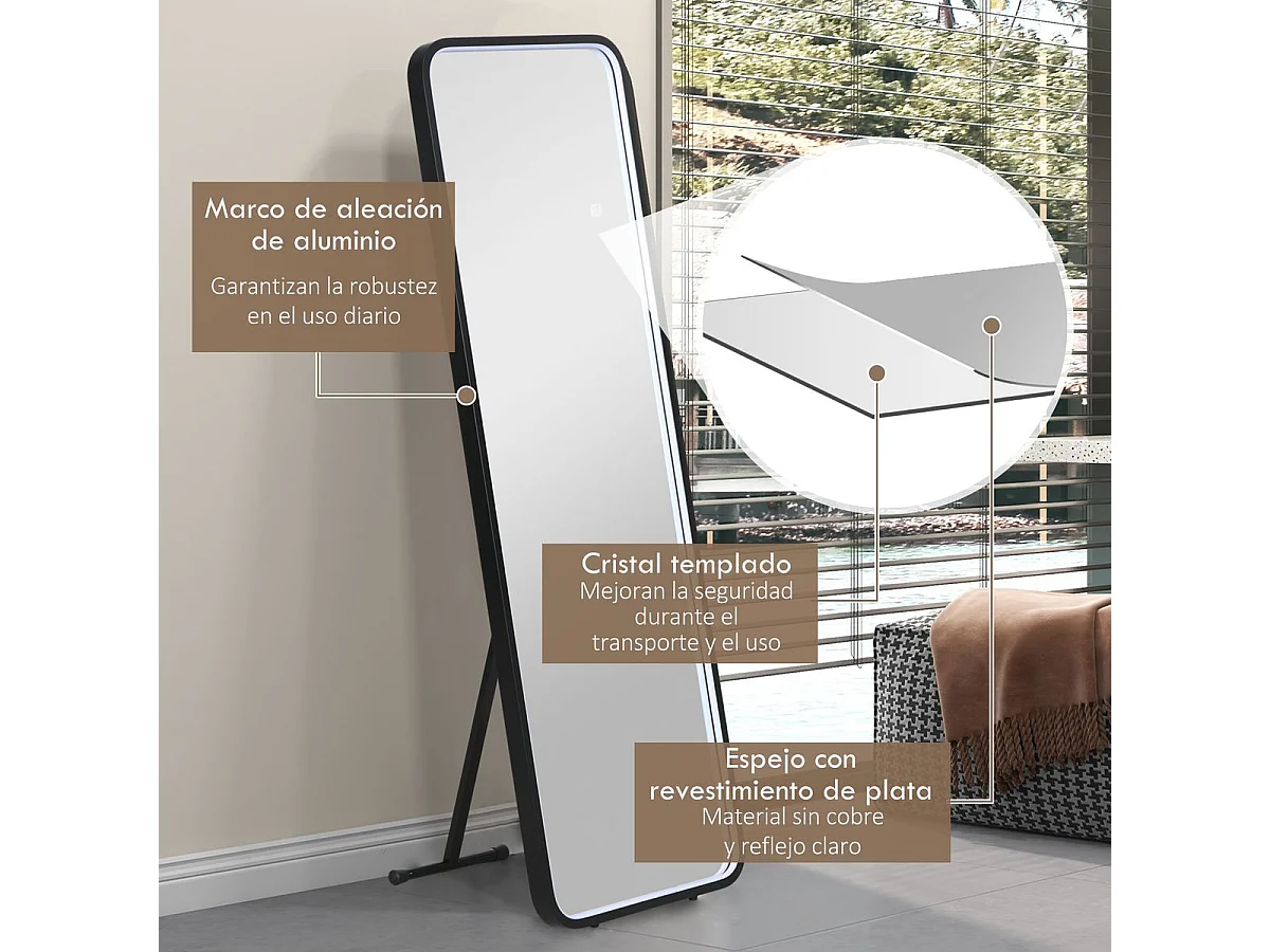 Espelho de Pé HOMCOM com Luzes LED e Função de Memória - 151,5x50 cm, Preto