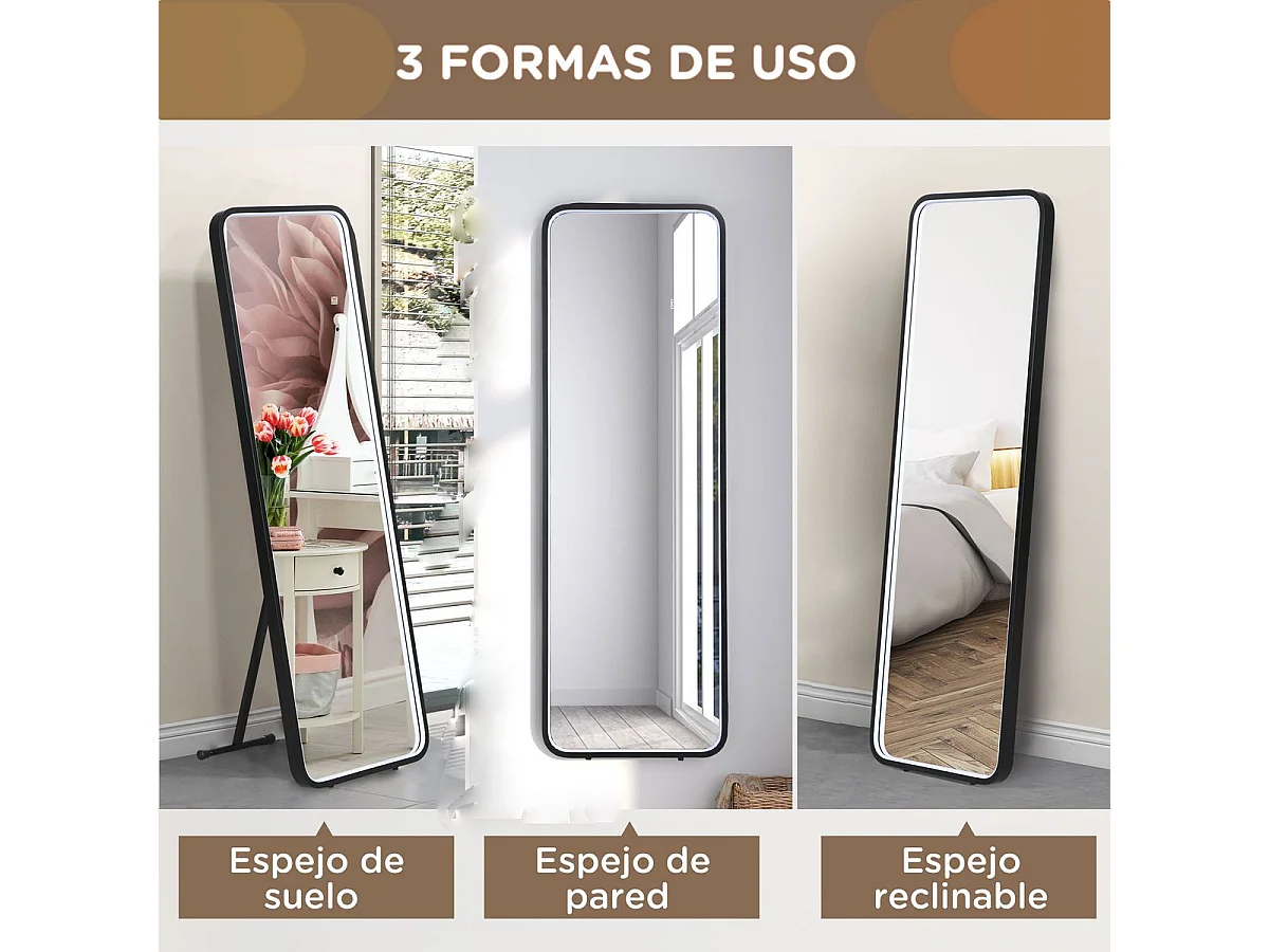 Espelho de Pé HOMCOM com Luzes LED e Função de Memória - 151,5x50 cm, Preto