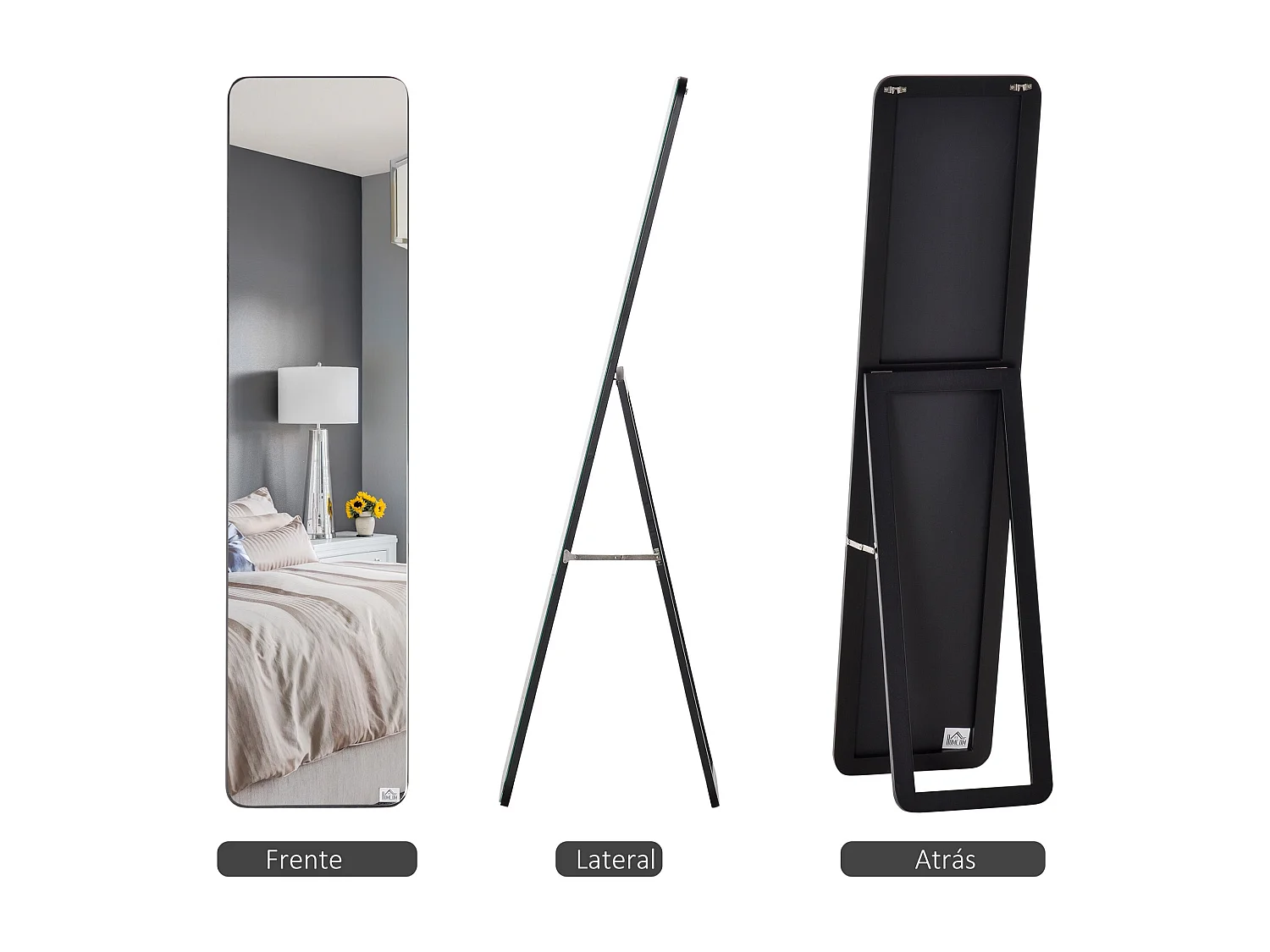 Espelho de Corpo Inteiro Retangular com Estrutura de Madeira de Pinho - 2 Formas de Uso, Preto