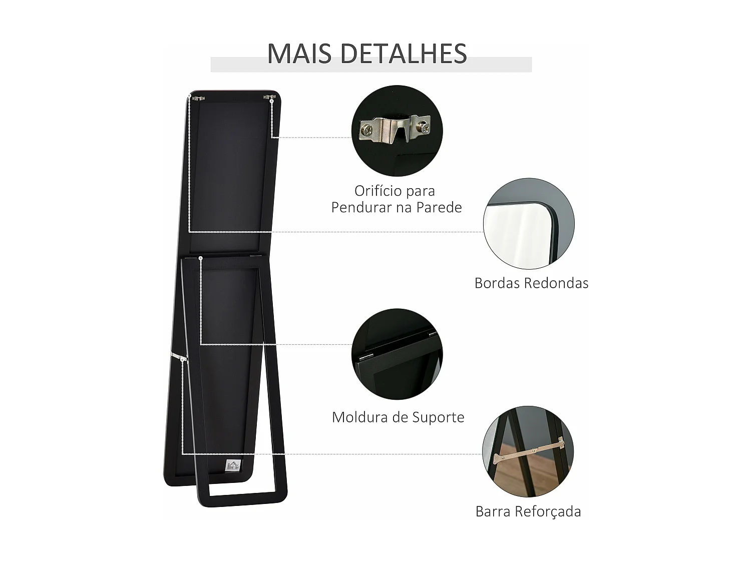 Espelho de Corpo Inteiro Retangular com Estrutura de Madeira de Pinho - 2 Formas de Uso, Preto