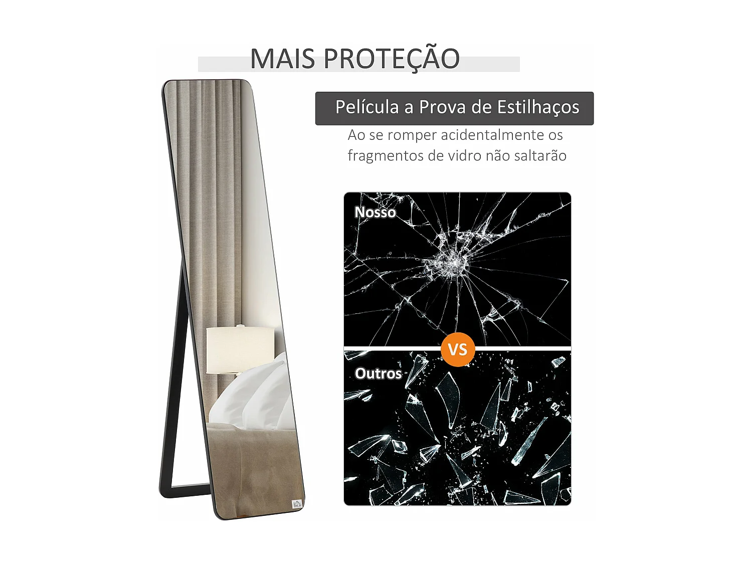 Espelho de Corpo Inteiro Retangular com Estrutura de Madeira de Pinho - 2 Formas de Uso, Preto