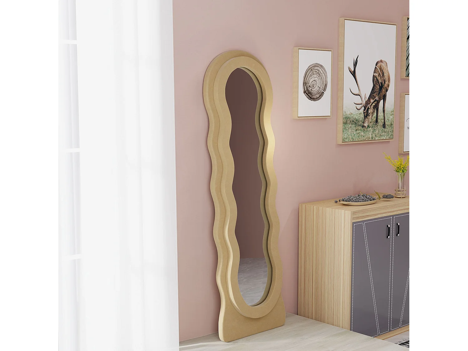 Espelho de Corpo Inteiro Ondas em Veludo Bege – 50x160 cm com Design Moderno