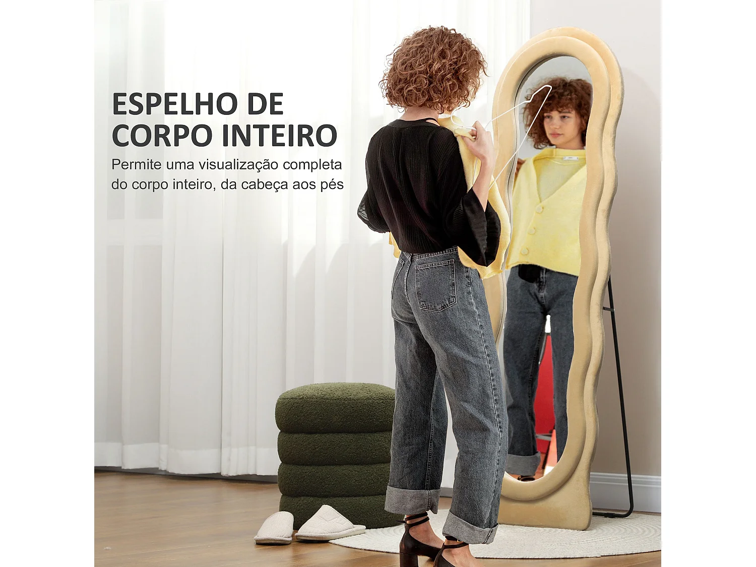 Espelho de Corpo Inteiro Ondas em Veludo Bege – 50x160 cm com Design Moderno