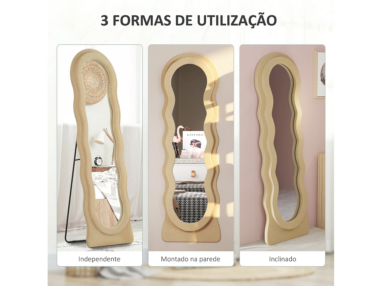 Espelho de Corpo Inteiro Ondas em Veludo Bege – 50x160 cm com Design Moderno