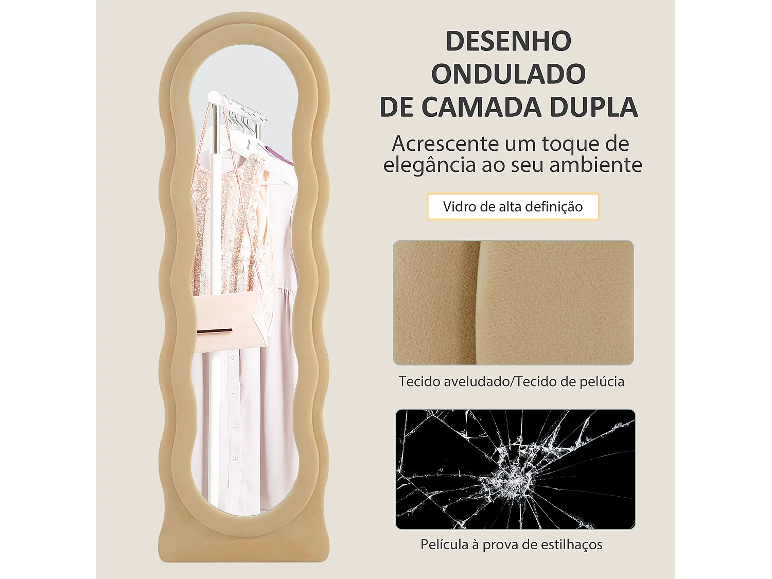 Espelho de Corpo Inteiro Ondas em Veludo Bege – 50x160 cm com Design Moderno