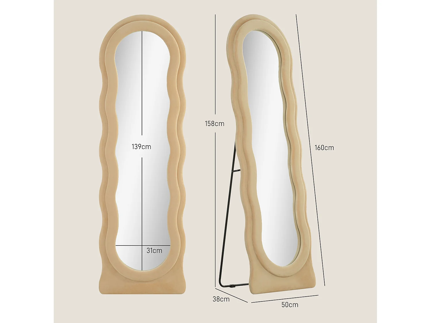 Espelho de Corpo Inteiro Ondas em Veludo Bege – 50x160 cm com Design Moderno