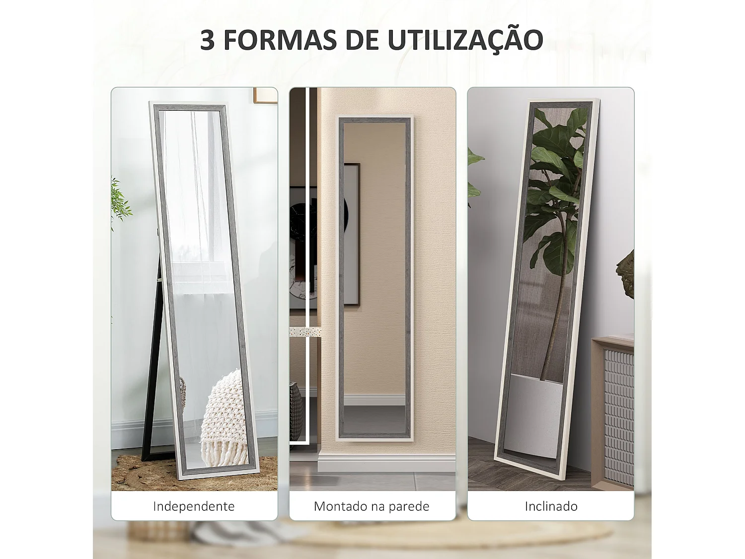 Espelho de Pé HOMCOM 37x157 cm com Estrutura MDF em Branco e Cinza para Sala e Quarto