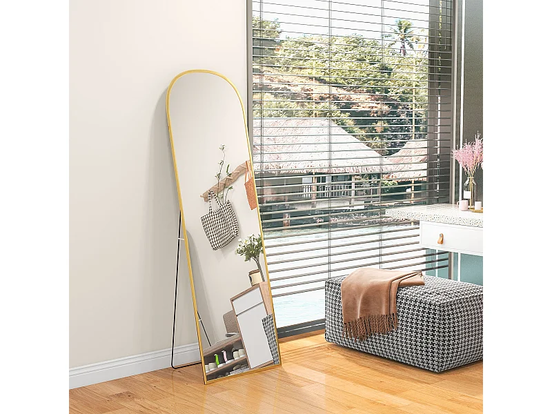 HOMCOM Espelho de Pé Espelho de Corpo Inteiro 50x170 cm Espelho de Parede com Estrutura de Liga de Alumínio e Suporte para Sala Quarto Banheiro Dourado