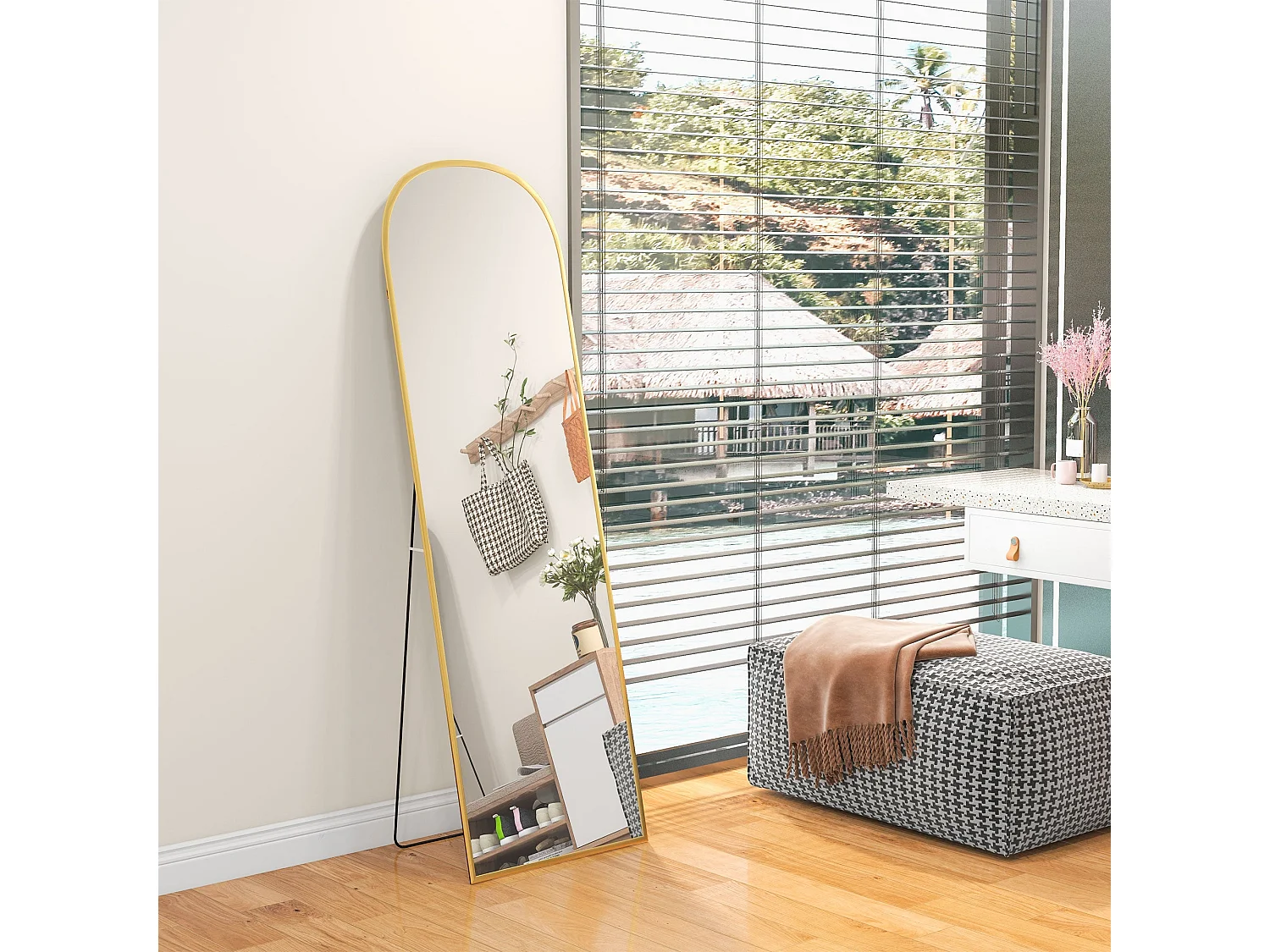 HOMCOM Espelho de Pé Espelho de Corpo Inteiro 50x170 cm Espelho de Parede com Estrutura de Liga de Alumínio e Suporte para Sala Quarto Banheiro Dourado