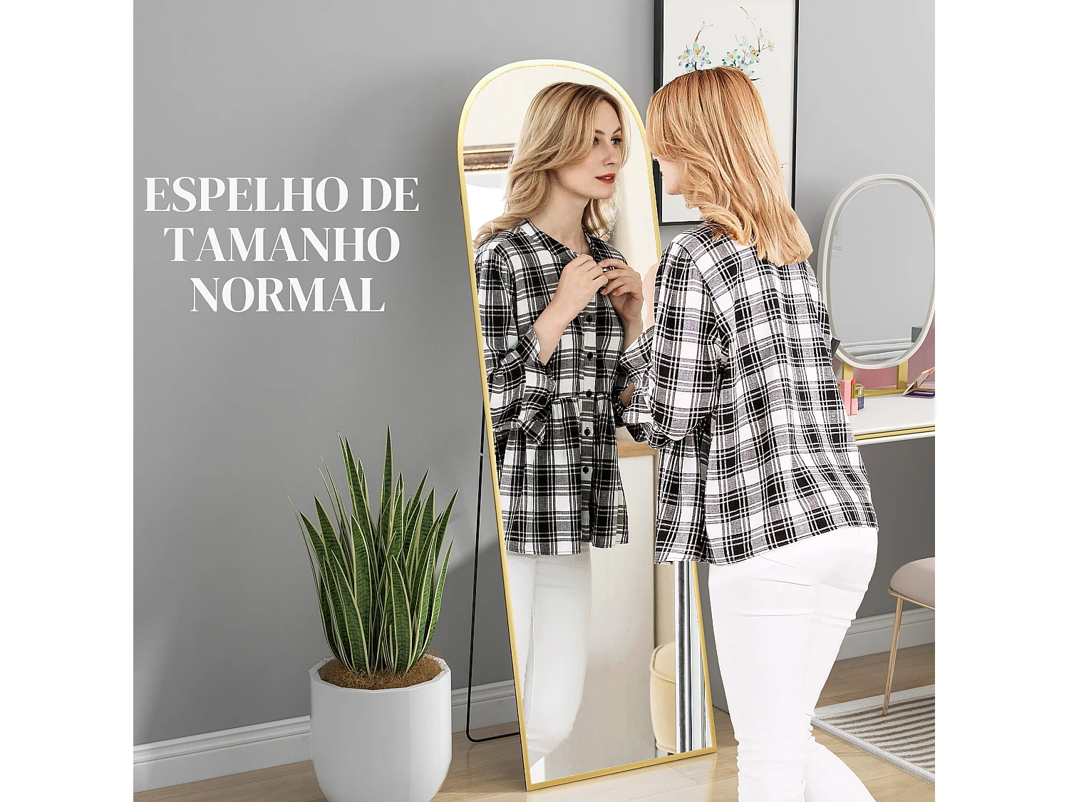 HOMCOM Espelho de Pé Espelho de Corpo Inteiro 50x170 cm Espelho de Parede com Estrutura de Liga de Alumínio e Suporte para Sala Quarto Banheiro Dourado