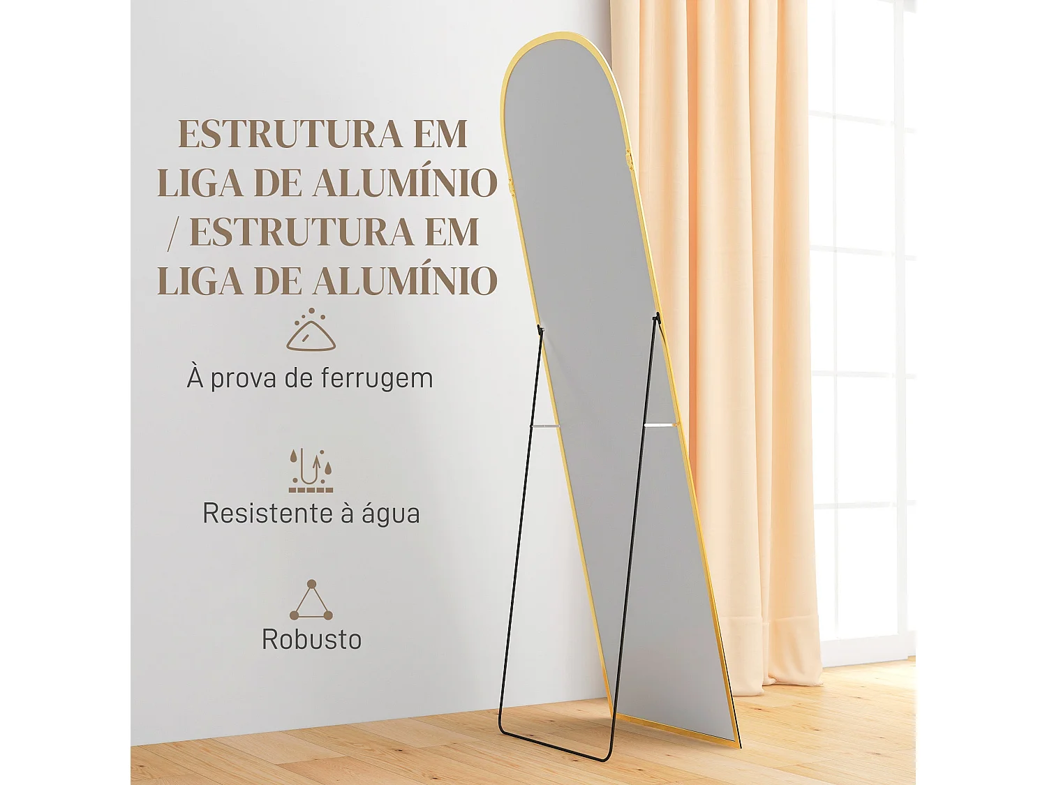 HOMCOM Espelho de Pé Espelho de Corpo Inteiro 50x170 cm Espelho de Parede com Estrutura de Liga de Alumínio e Suporte para Sala Quarto Banheiro Dourado