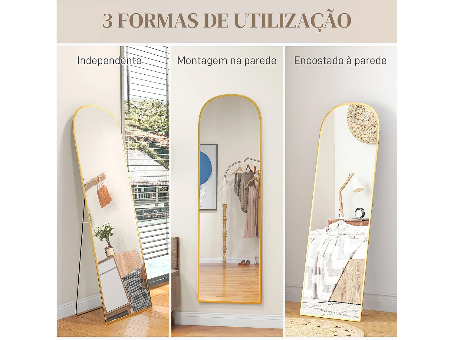 HOMCOM Espelho de Pé Espelho de Corpo Inteiro 50x170 cm Espelho de Parede com Estrutura de Liga de Alumínio e Suporte para Sala Quarto Banheiro Dourado