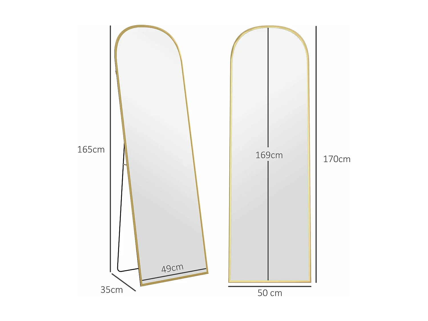 HOMCOM Espelho de Pé Espelho de Corpo Inteiro 50x170 cm Espelho de Parede com Estrutura de Liga de Alumínio e Suporte para Sala Quarto Banheiro Dourado