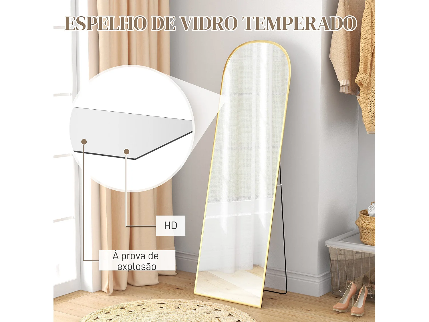 Staande spiegel op ware grootte, 50x170 cm, goud.