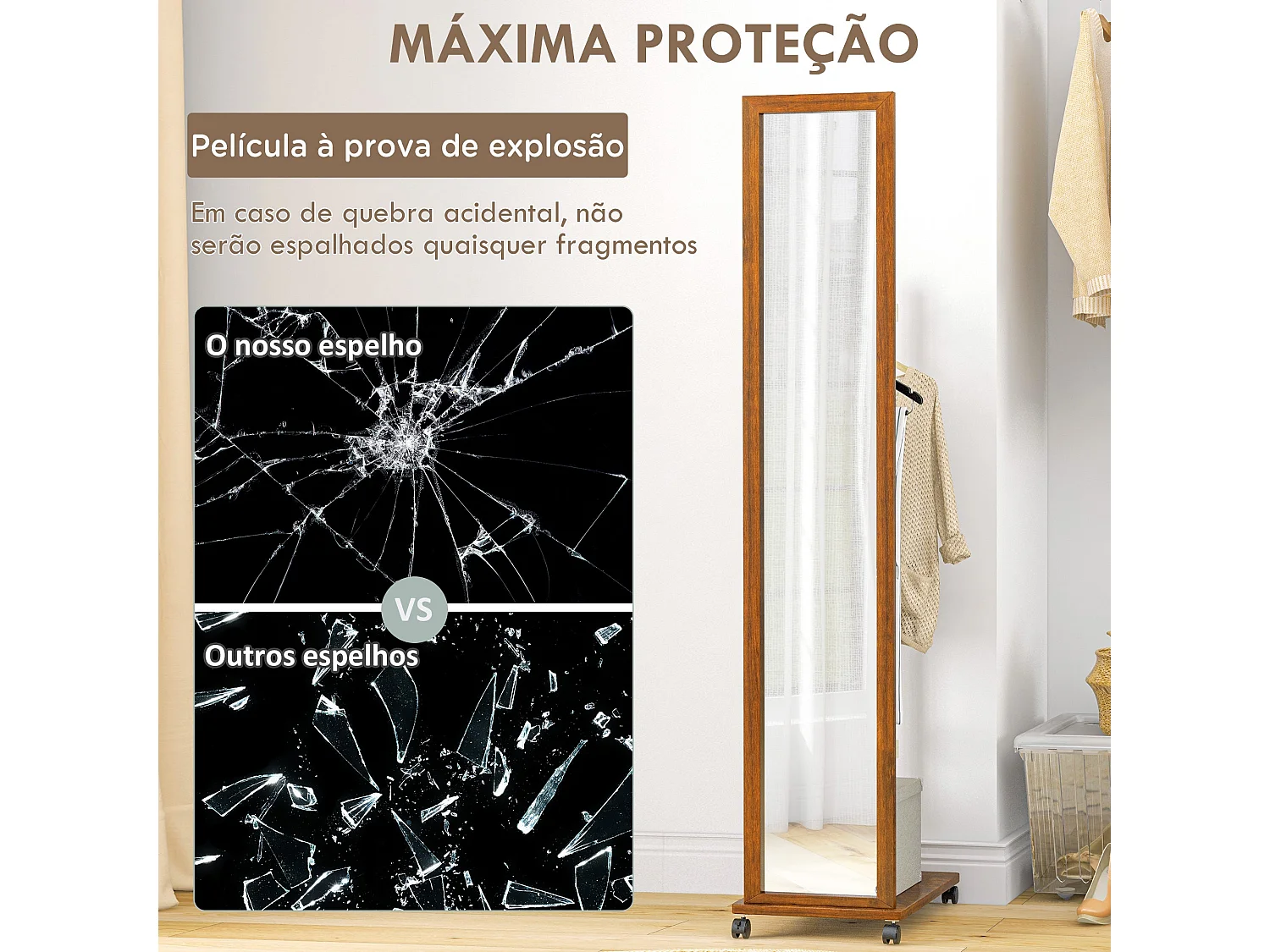 Espelho de Pé HOMCOM com Rodas e Prateleira - Design Multifuncional para Quarto e Corredor
