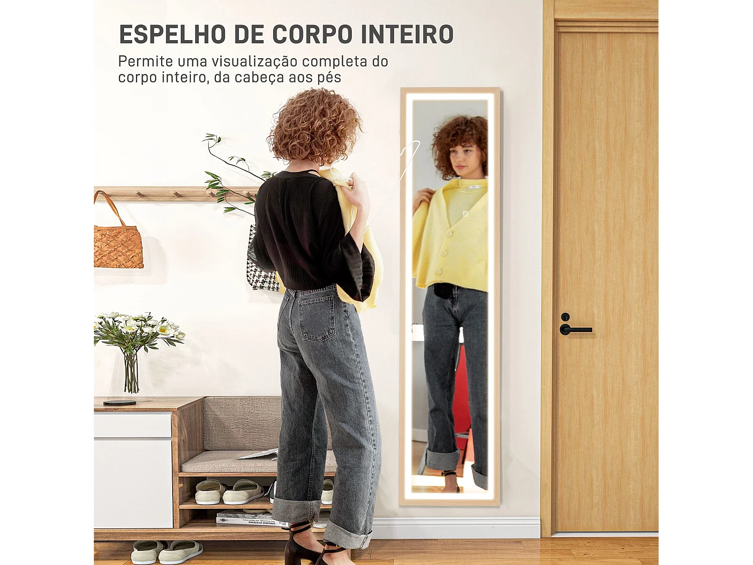 Espelho de Pé com Luz LED "Aurora" – 40x160 cm – Madeira