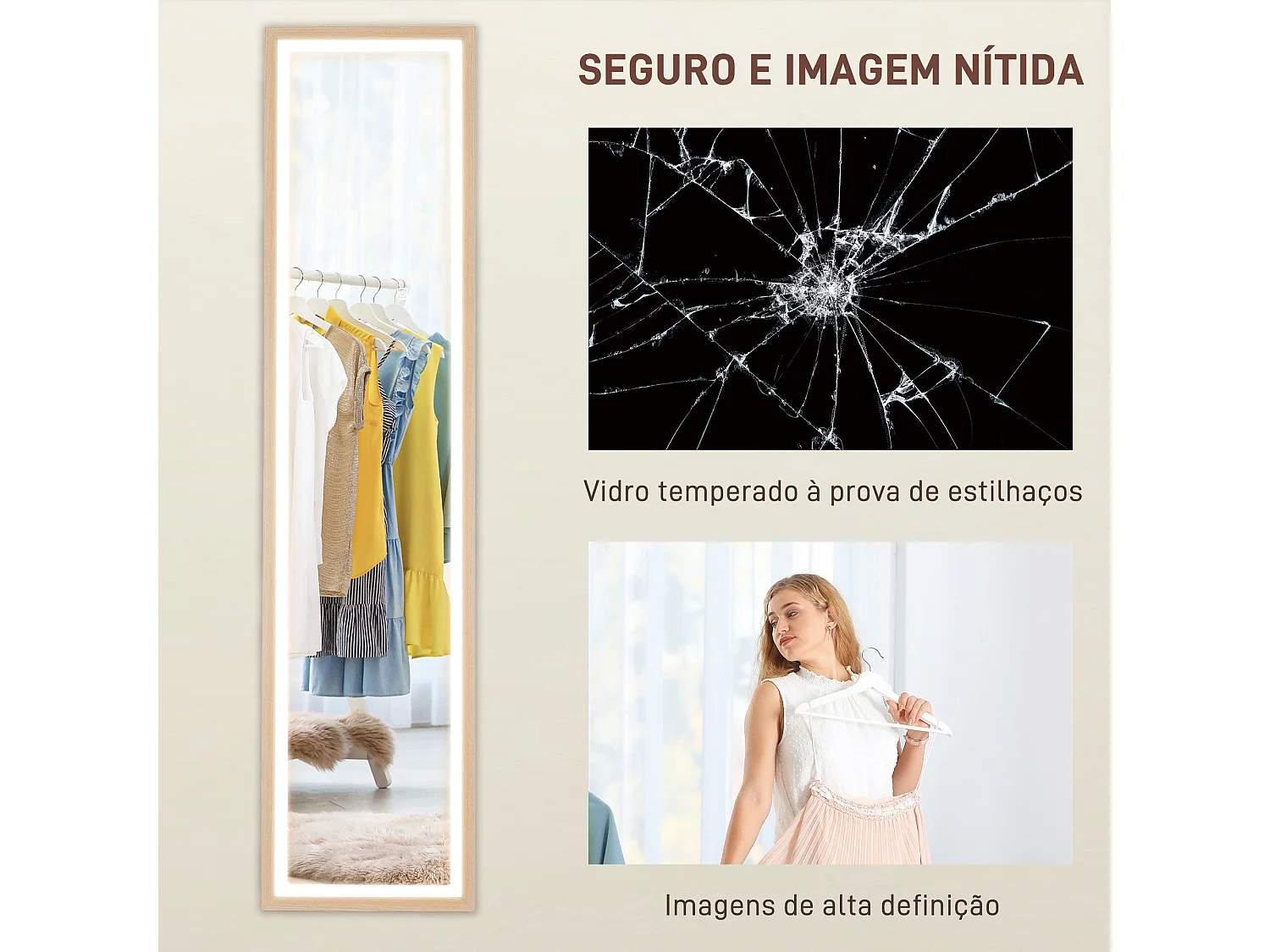 Espelho de Pé com Luz LED "Aurora" – 40x160 cm – Madeira
