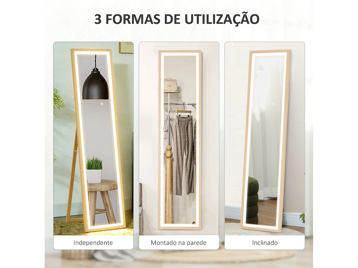 Espejo de pie Nerpio Homcom luz LED ajustable roble 160x40 cm