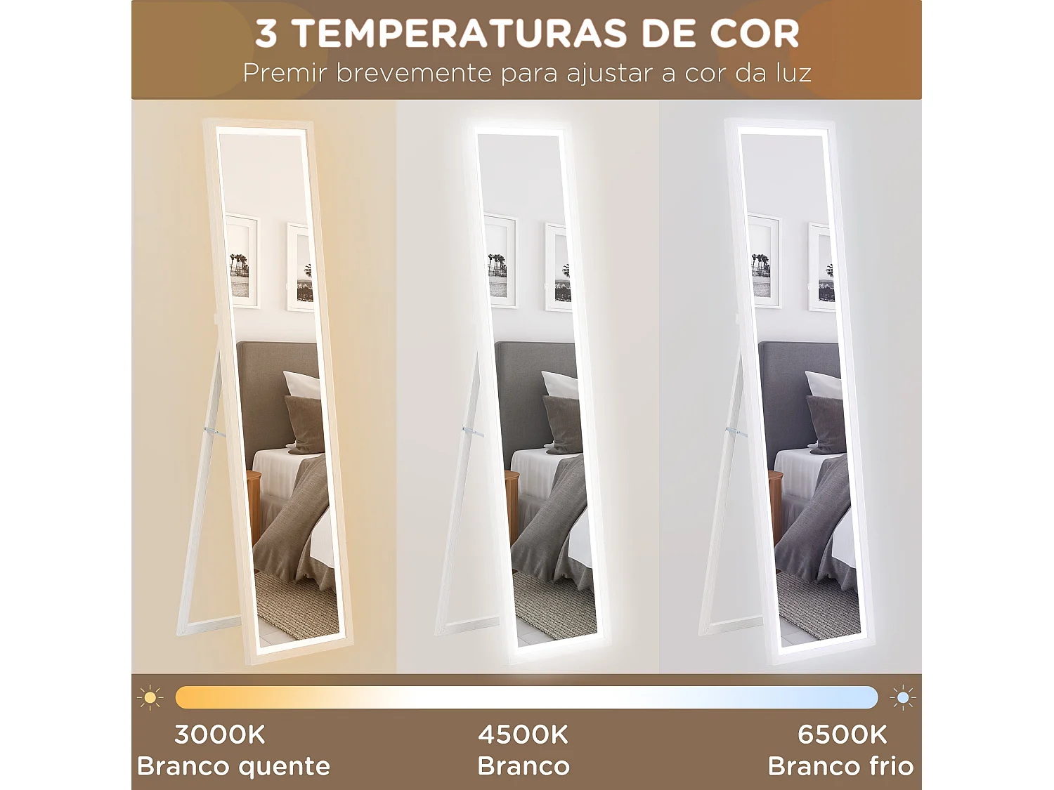 Espejo de pie Nerpio Homcom luz LED ajustable blanco 160x40 cm