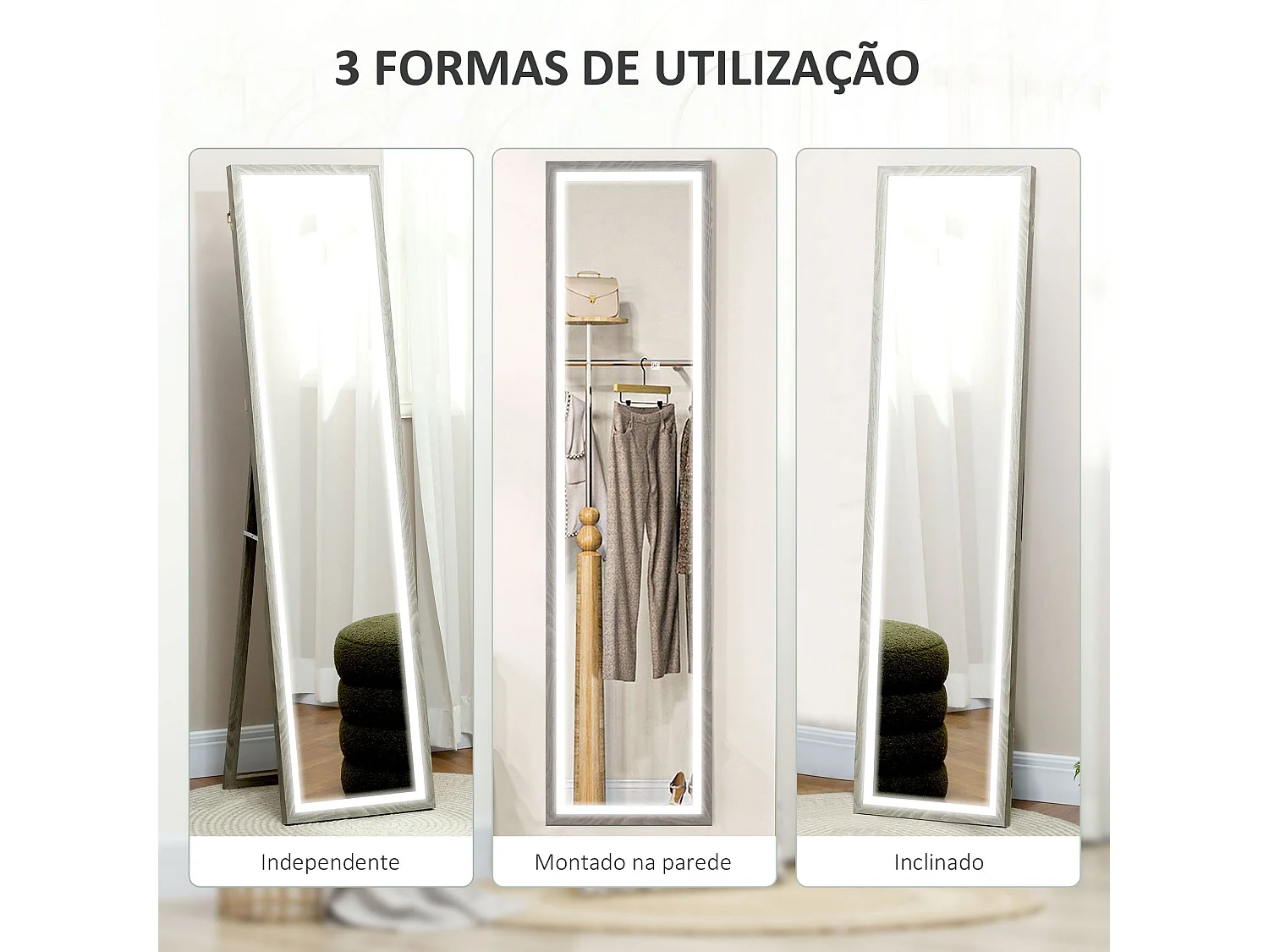 Espejo de pie Nerpio Homcom luz LED ajustable gris 160x40 cm