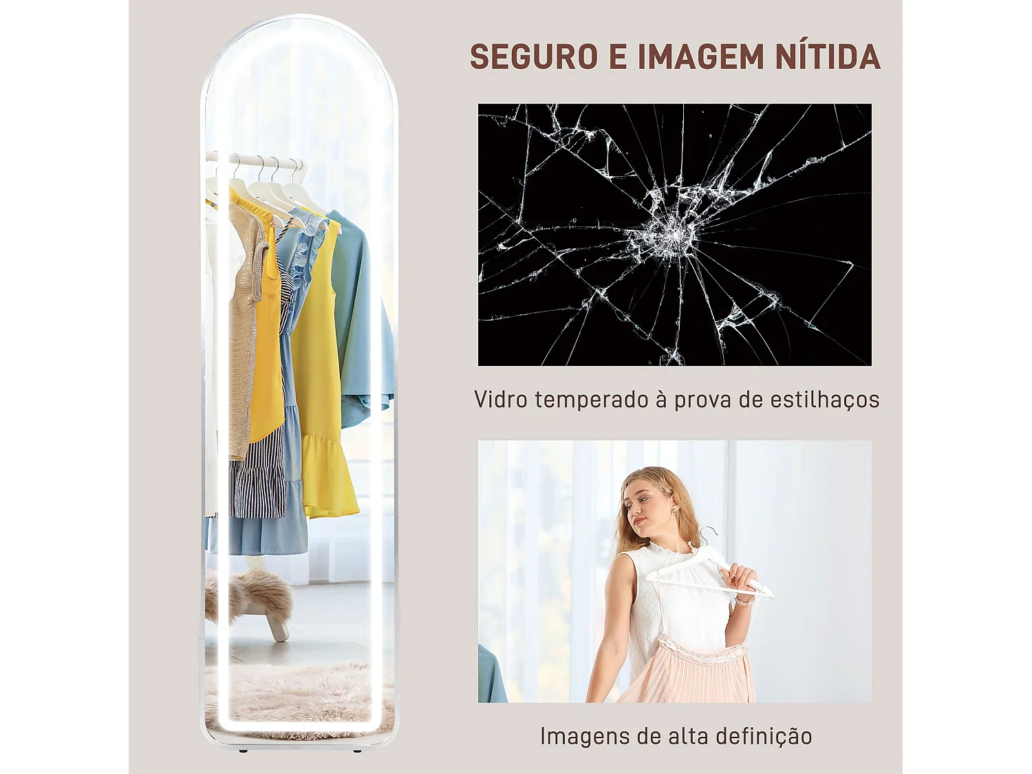 Espejo de pie Atlantis Homcom luz LED ajustable plateado 150x40 cm