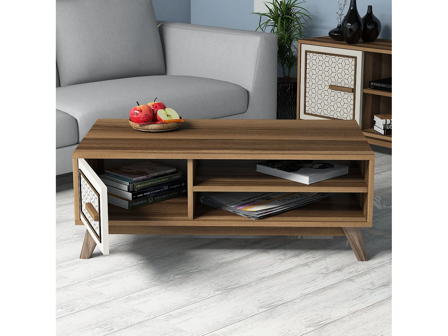 Conjunto de Mobiliário de Sala de Estar Floral em Noz e Creme - Elegância e Funcionalidade