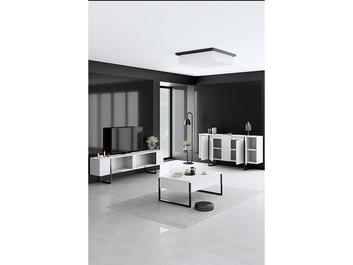 Ensemble meuble de salon 3 pièces Sibylle Métal Noir et Bois Blanc