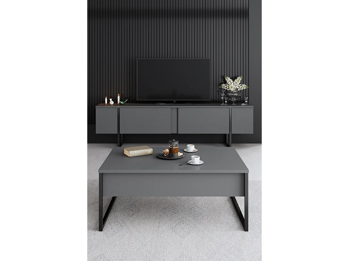 Ensemble meuble de salon 3 pièces Sibylle Métal Noir et Bois Anthracite