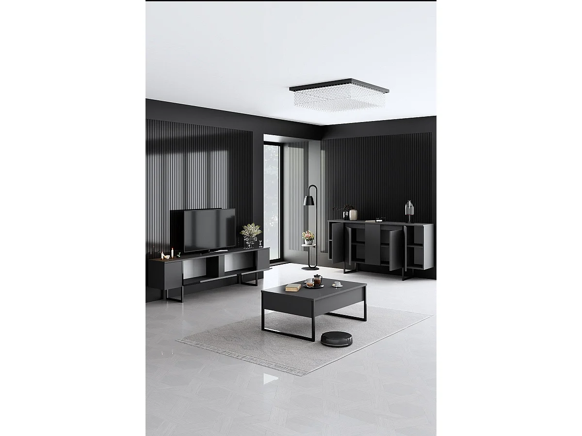 Ensemble meuble de salon 3 pièces Sibylle Métal Noir et Bois Anthracite