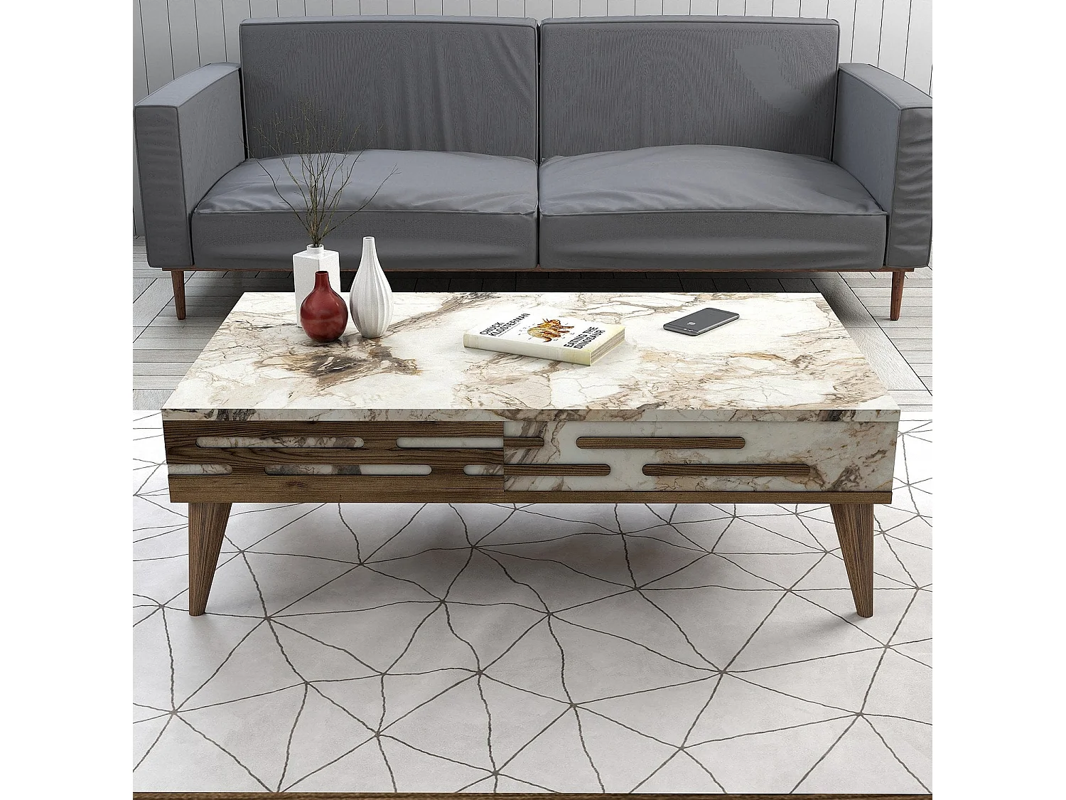 Conjunto de Mobiliário de Sala de Estar Valensiya 140 - Elegância em Nogueira, Branco e Mármore