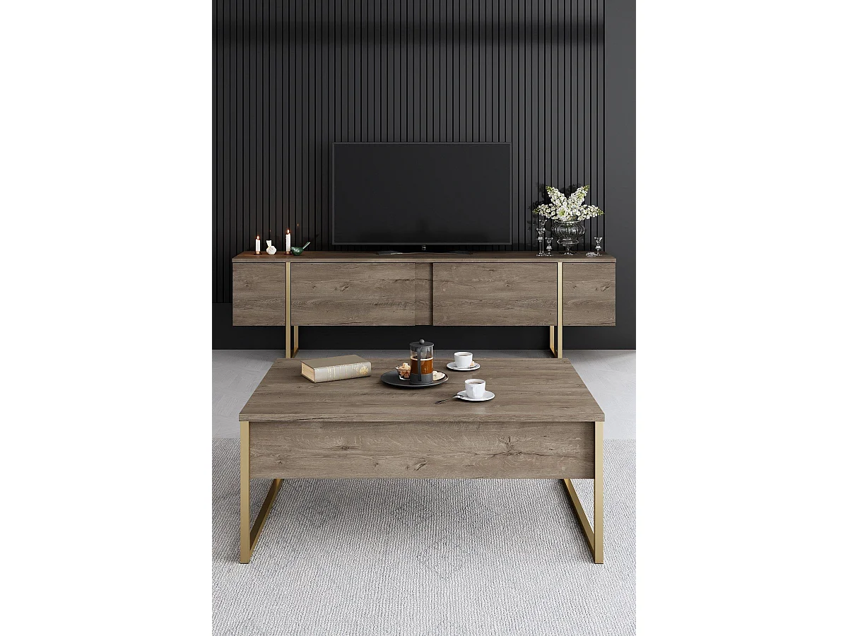 Ensemble meuble de salon 3 pièces Sibylle Métal Or et Bois foncé